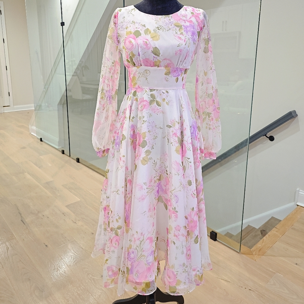 Floral Pink Long-Sleeve Flare Midi Dress Size Xs-S